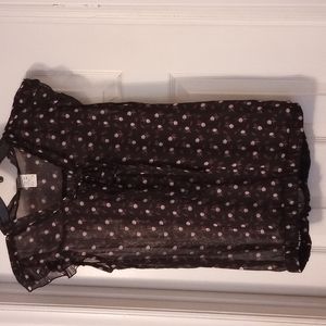 Black sheer short sleeve top with pink floral print.